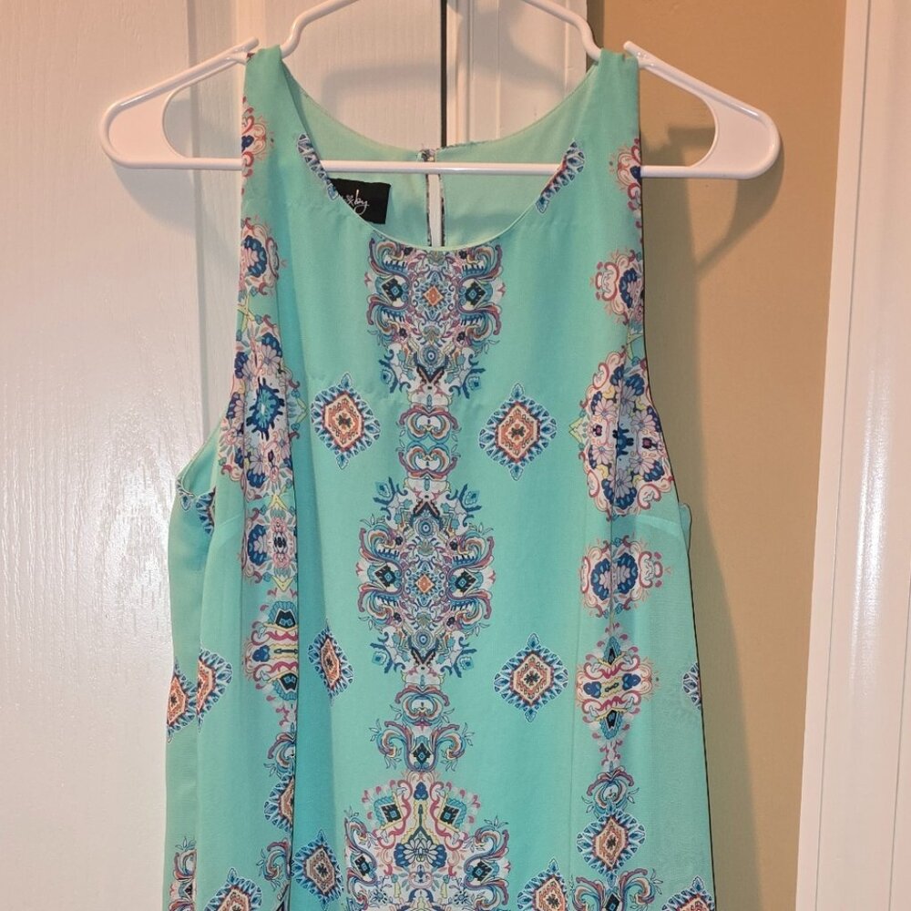 By & By Short Midi Sleeveless Geometric Print Teal/Aqua Dress, Size XL